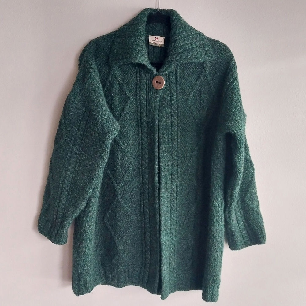 Carriagdonn Made In Ireland 100% Pure New Wool Green Cable Knit Cardigan